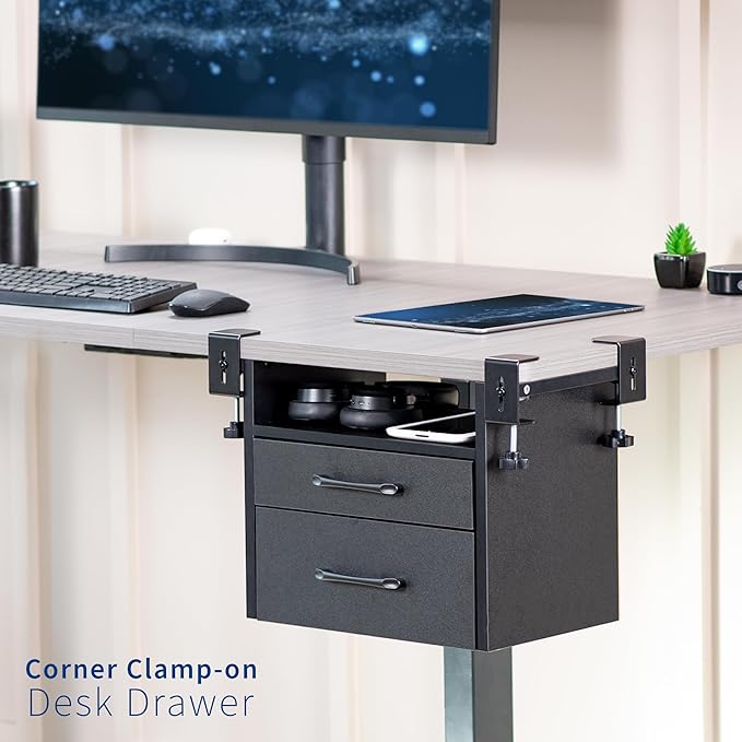 VIVO Corner Clamp-on Under Desk Drawer and Shelf System, Office Accessory Holder for Supplies, Gaming Devices, and More, Multi-Level Storage, Workstation Organizer, Black