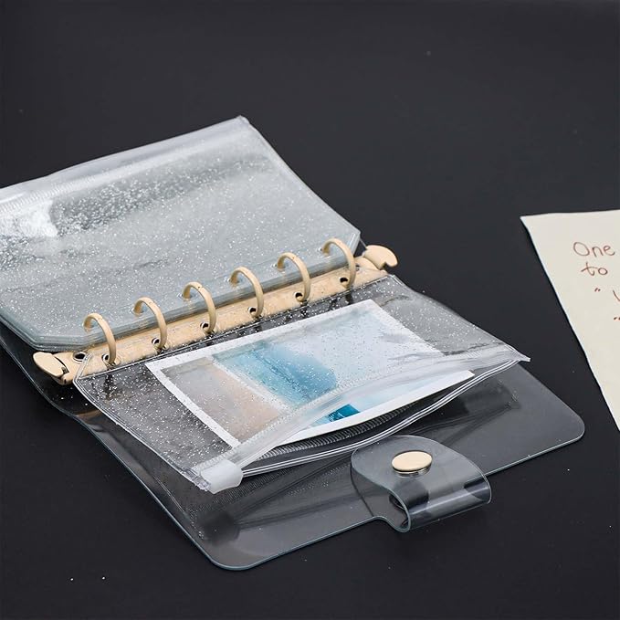 10pcs A7 Cash Stuffing Envelopes Zipper Binder Pockets Clear Glitter PVC 6 Hole Zip Sleeves Loose Leaf Pouches for 6 Ring Binder Planner (A7 3.35" x 5.12")