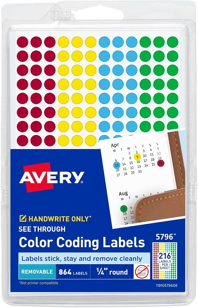 Avery See-Through Color-Coding Removable Labels, 1/4 Inch Round Labels, Assorted Translucent Colors, Non-Printable, 864 Dot Stickers Total (5796)
