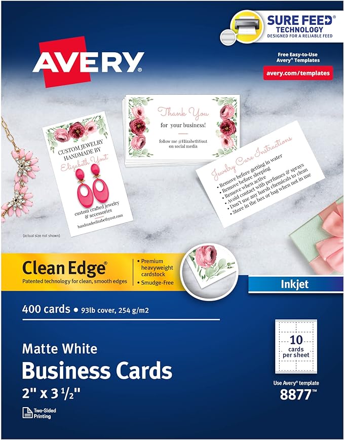 Avery Clean Edge Printable Business Cards with Sure Feed Technology, 2" x 3.5", White, 400 Blank Cards for Inkjet Printers (08877)