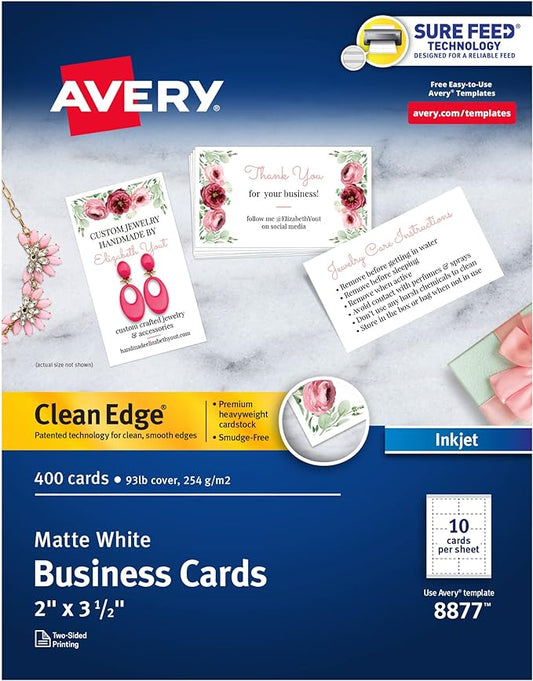 Avery Clean Edge Printable Business Cards with Sure Feed Technology, 2" x 3.5", White, 400 Blank Cards for Inkjet Printers (08877)