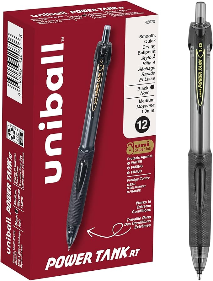 uniball Power Tank RT Ballpoint Pens, Medium Point (1.0mm), Black, 12 Pack