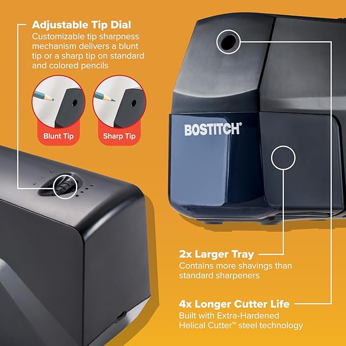 Bostitch Portable Rechargeable Battery Vertical Pencil Sharpener Helical Blade for No.2/Colored Pencils, Black