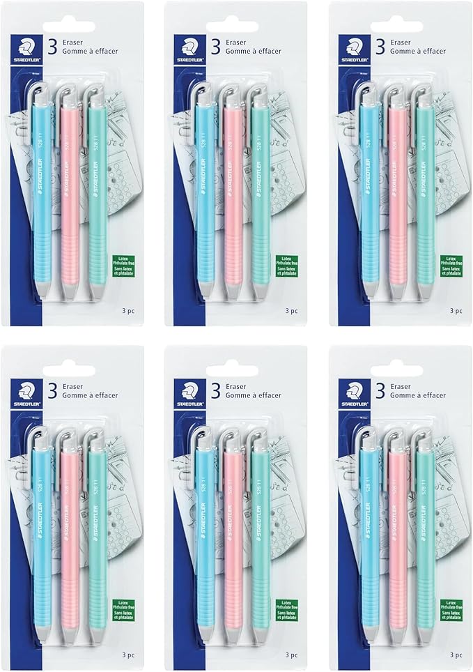STAEDTLER Vinyl Eraser Holder 6-Pack (6 Sets of 3 pcs): 3 Units Retractable Erasers for Pencils, Soft Vinyl, Latex-Free, Clean Edges, No Smudges, Pastel Colors, 18 Count