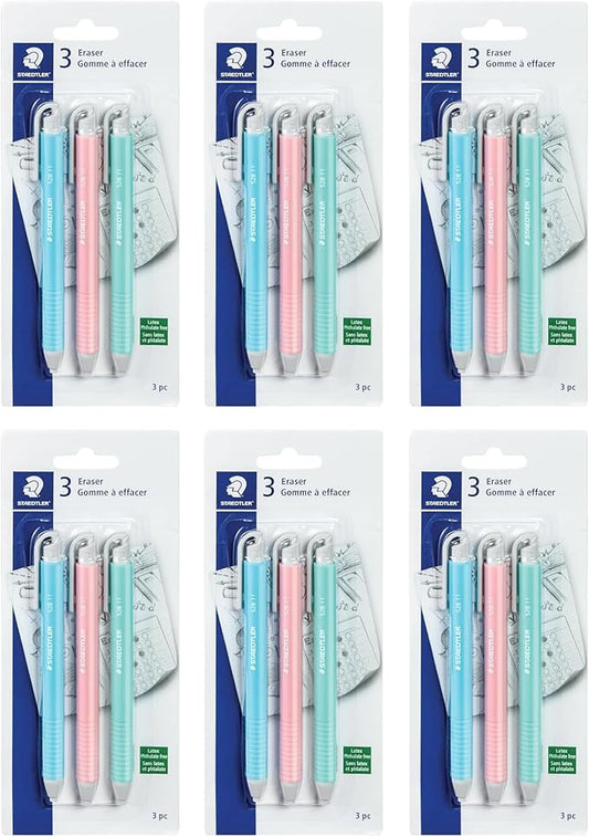 STAEDTLER Vinyl Eraser Holder 6-Pack (6 Sets of 3 pcs): 3 Units Retractable Erasers for Pencils, Soft Vinyl, Latex-Free, Clean Edges, No Smudges, Pastel Colors, 18 Count