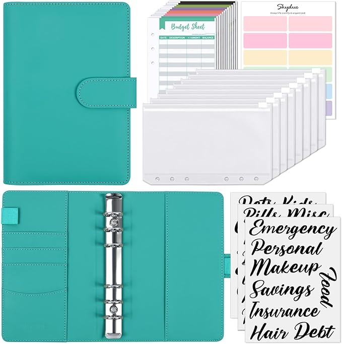 SKYDUE Budget Binder, Money Saving Binder with Zipper Envelopes, Cash Envelopes and Expense Budget Sheets for Budgeting (Turquoise)