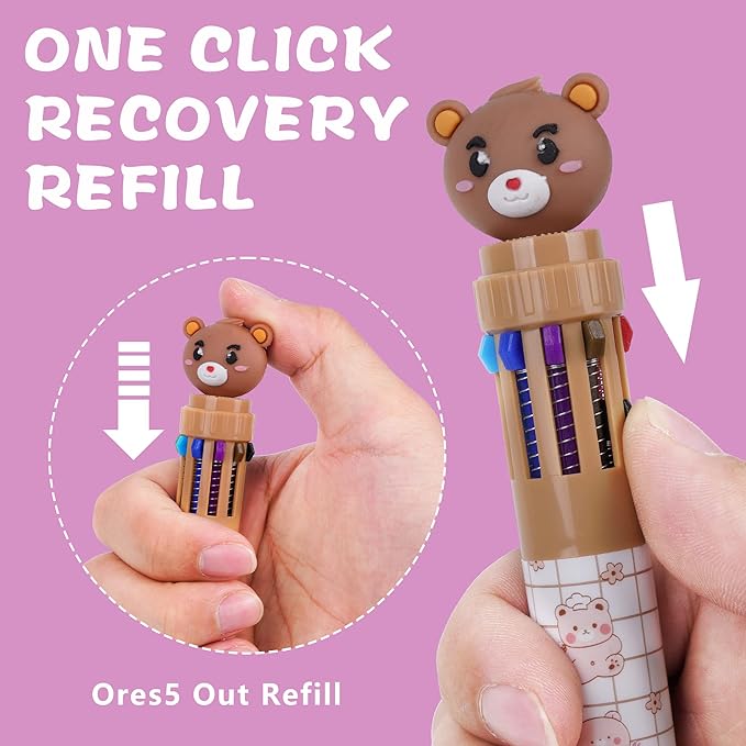 Kolewo4ever 24 Pieces Multicolor Ballpoint Pens 10-in-1 0.5mm Retractable Ballpoint Cartoon Pens for Office Supplies