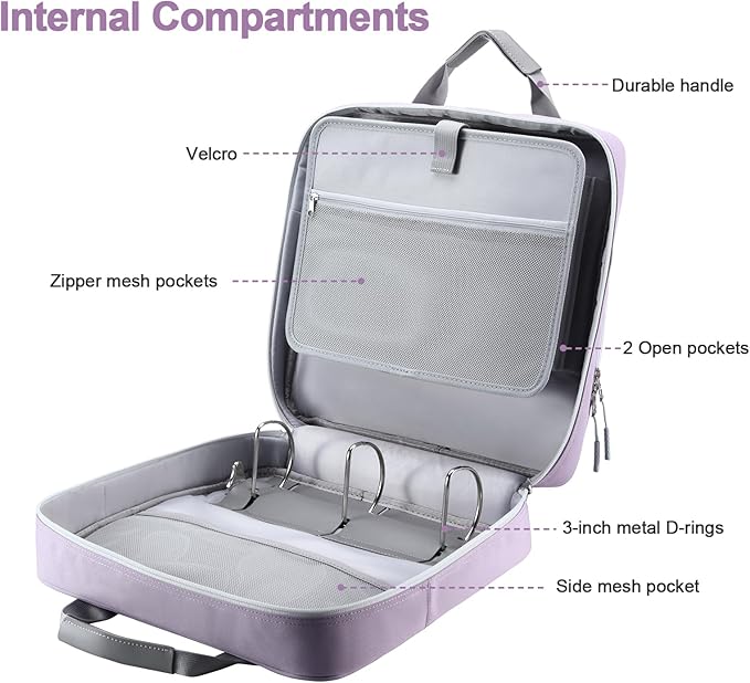 4 Inch 3 Ring Zipper Binder D-Ring, Binder with Strap 800 Sheet Capacity & Multi-Pockets School and Office Binder Organizer, Compatible with 13-Inch MacBook(Patent Design Purple)