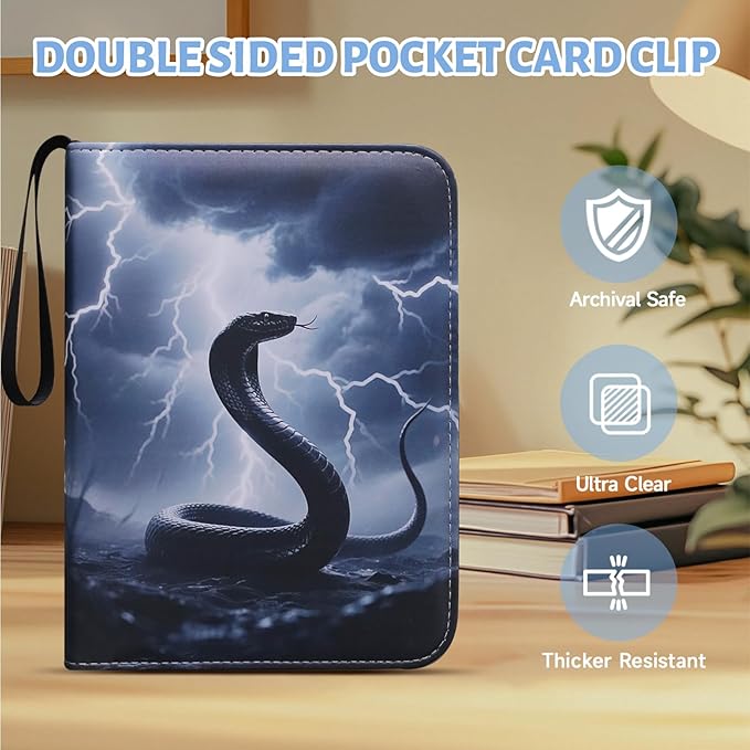 Trading Card Binder, Premium 4-Pocket Album with 400 Removable Side-Loading Sleeves, PU Waterproof, Cool Black Serpent Cover, Gray Holder for Game, Sports, Business, and Coupon Cards