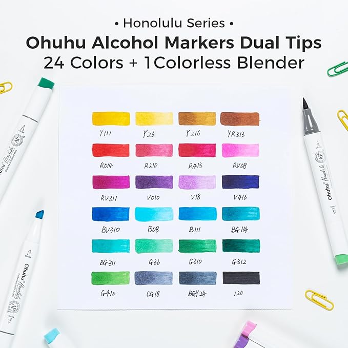 Ohuhu Alcohol Markers Brush Tip, AP Certificated 24 Basic Colors Double Tipped Alcohol Based Art Marker Set for Artist Sketching Adult Coloring Illustration - Brush and Chisel Dual Tips - Honolulu
