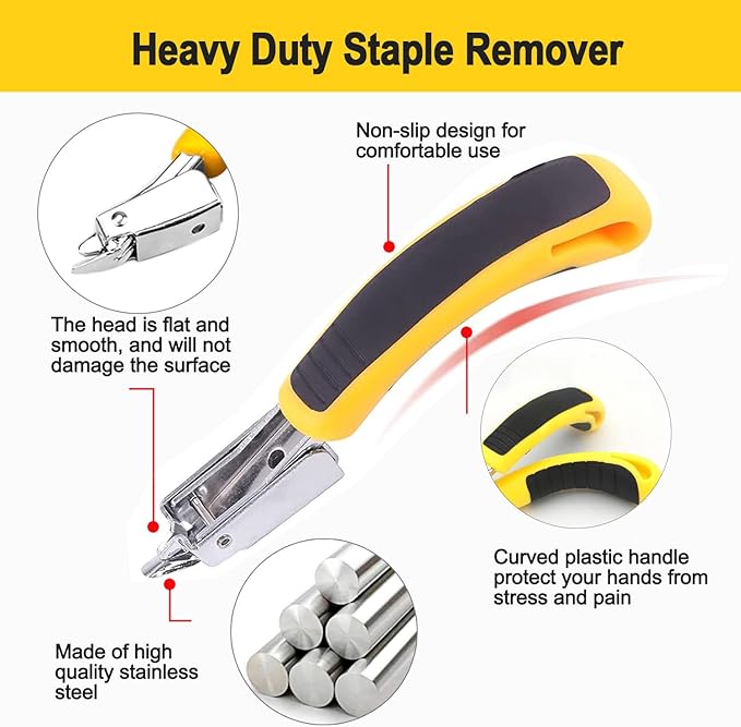 2Pcs Staple Remover Heavy Duty Upholstery Staple Puller Tool with Ergonomic Handle for Furniture Floor Wooden Case Carton Photo Frame（Yellow）