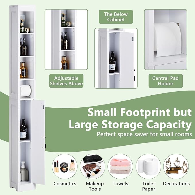 VECELO Tall Narrow Storage Cabinet with Adjustable Shelves, Slim Freestanding Bathroom Cabinet with Toilet Paper Holder, Magnetic Door, for Small Spaces, 7.9" D x 7.9" W x 71" H, Pearl White