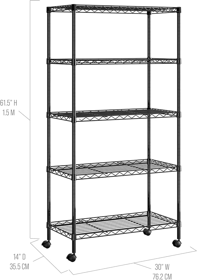 Seville Classics Solid Steel Wire Shelving Storage Unit Adjustable Shelves Organizer Rack, for Home, Kitchen, Office, Garage, Bedroom, Closet, Black, 5-Tier, 30" W x 14" D (New Model)