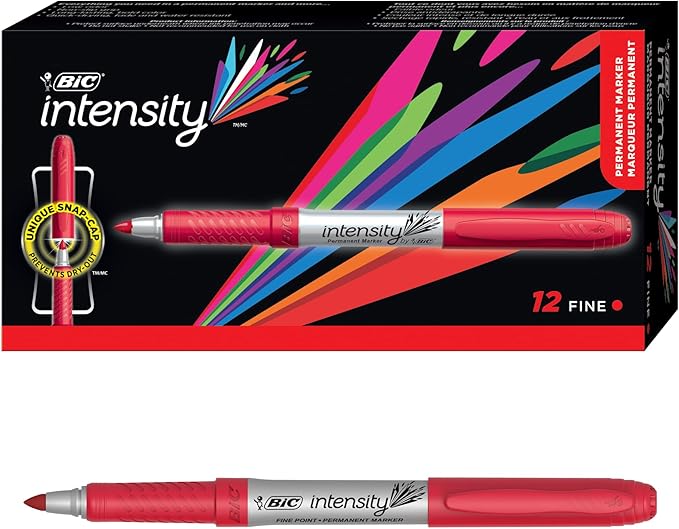 BIC Intensity Red Permanent Markers, Fine Point, 12-Count Pack of Red Markers With Non-Slip Grip for Comfort and Control