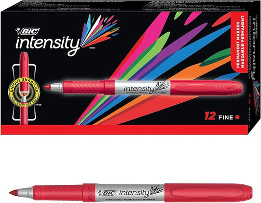 BIC Intensity Red Permanent Markers, Fine Point, 12-Count Pack of Red Markers With Non-Slip Grip for Comfort and Control