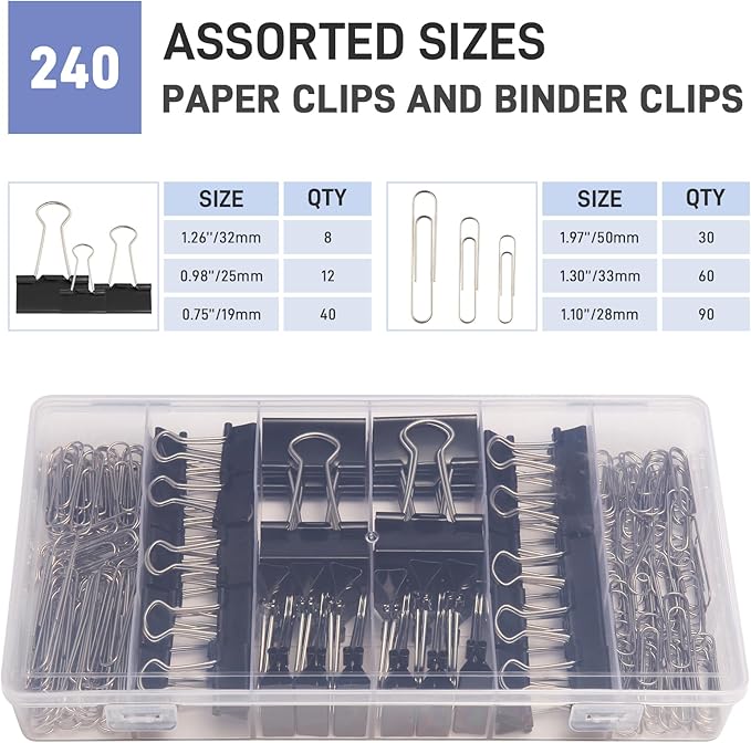 240PCS Black Assorted Size Paper Clips and Binder Clips, Paperclips Large Medium Small, Binder Clip and Paper Clip Set for Home, School, and Office Supplies in a Container with Compartments