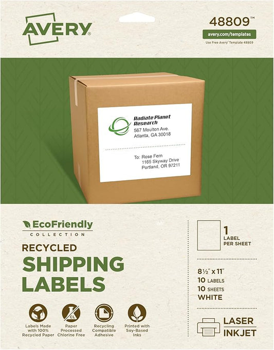 Avery EcoFriendly Recycled Shipping Labels, 8-1/2" x 11" Full-Sheet Labels, White, Permanent Adhesive, Laser & Inkjet Printers, 10 Total, Great for Mailing, Product Merchandising, and More (48809)