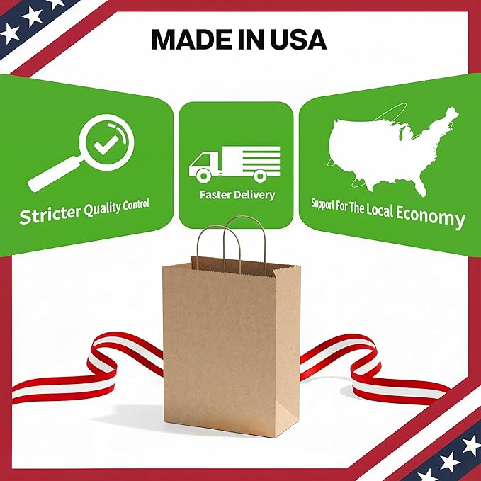 Simple Deluxe 50-Pack Kraft Paper Bags with Handles (10x5x13 Inch) - 100% Recycled Natural Brown Shopping Bags for Retail, Gifts & Merchandise - Made in USA, 90GSM Thick