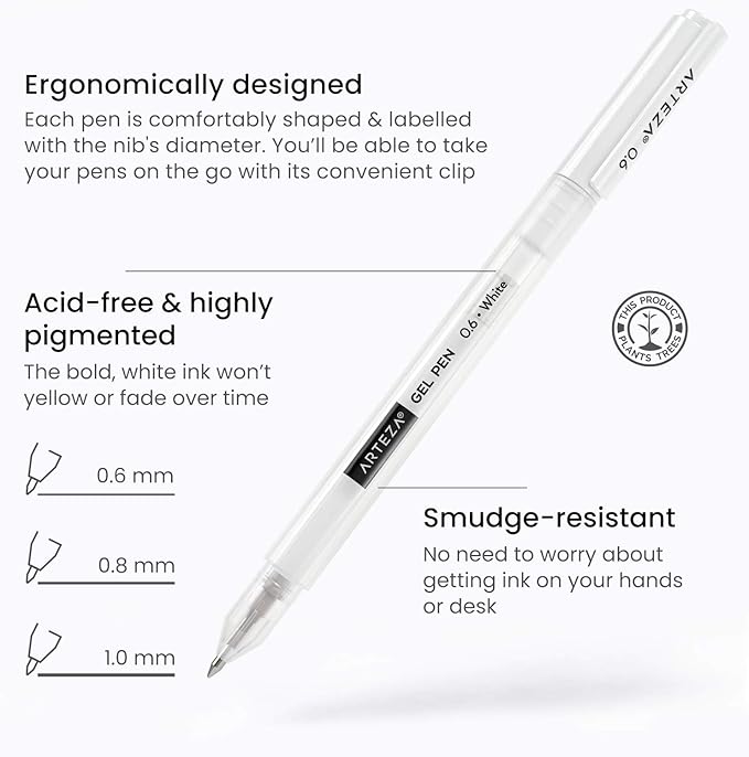 ARTEZA White Gel Pens, Pack of 3, White Rollerball Pens for Artists, Ideal for Drawing and Writing
