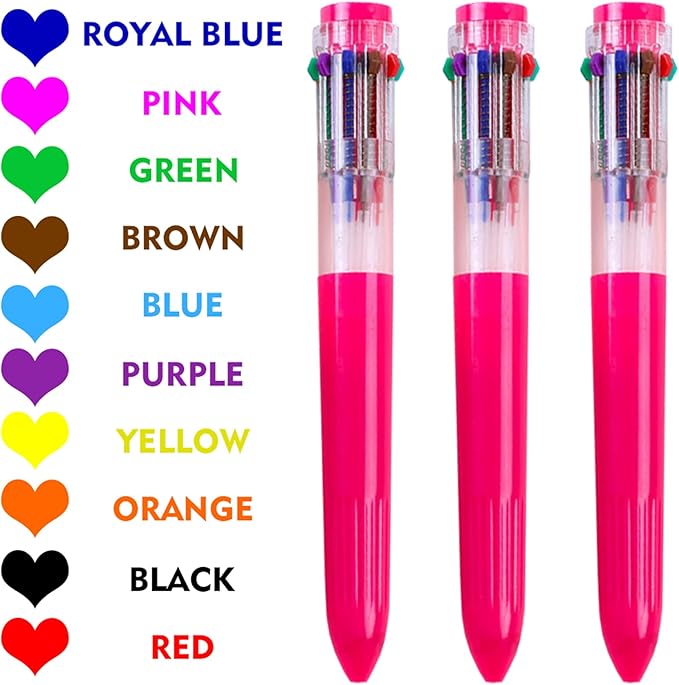 HeTaoCat Multicolor Pens 3 Pack 0.5mm 10-in-1 Retractable Ballpoint Pens - 10 Colors Transparent Barrel Ballpoint Pen for Office Supplies (Red)
