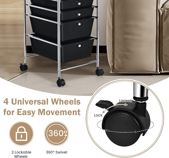 COSTWAY 6-Drawer Rolling Storage Cart, Multifunctional Art Craft Tools Organizer on Wheels, Heavy Duty Utility Mobile Storage Trolley w/ 2 Lockable Wheels for Home Office School (Black)