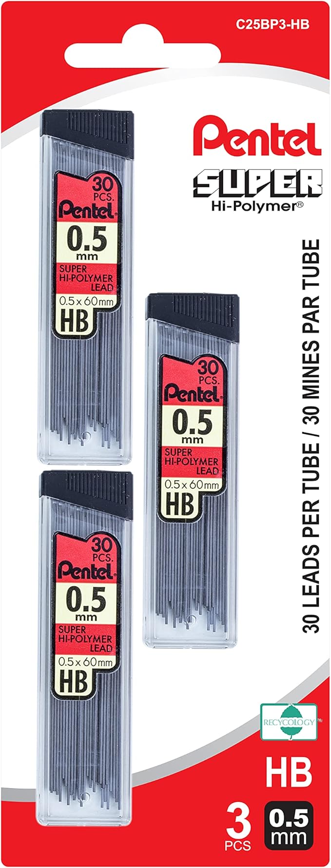 Pentel Super Hi-Polymer Lead Refill (0.5mm) Fine, HB, 30 pieces per Tube, 90 Count