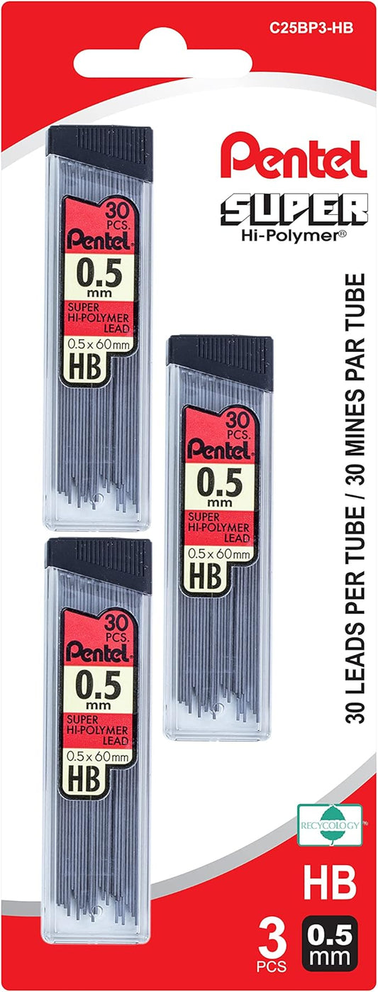 Pentel Super Hi-Polymer Lead Refill (0.5mm) Fine, HB, 30 pieces per Tube, 90 Count
