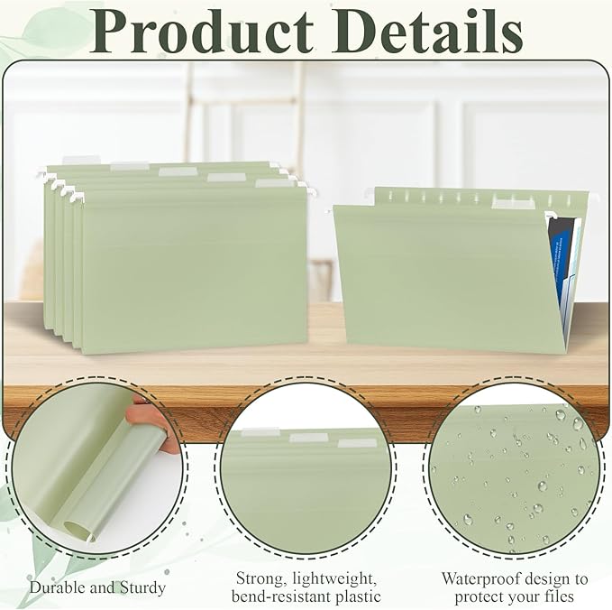 Letter Size Green Hanging File Folders Hanging Document Folder Plastic Transparent Hanging File Folder for File Cabinets Document Filing (10, Sage Green)