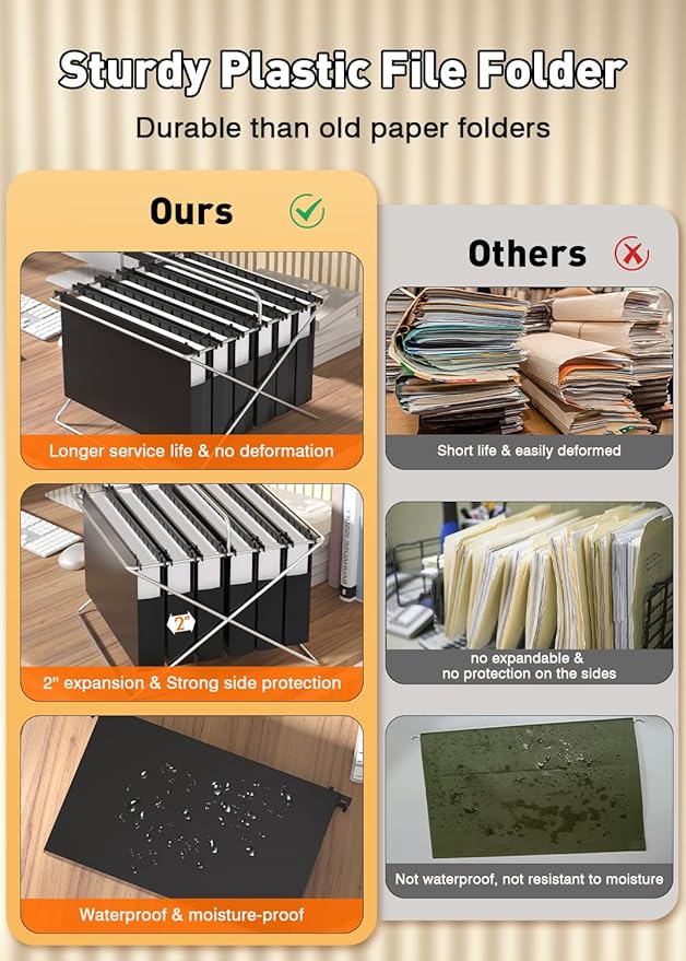Extra Capacity Legal Size Hanging File Folders,12 Pack Reinforced Plastic Hanging Folder, Heavy Duty 2 Inch Expansion, Filing Cabinet Folders for Bulky Files, Medical Charts, Black