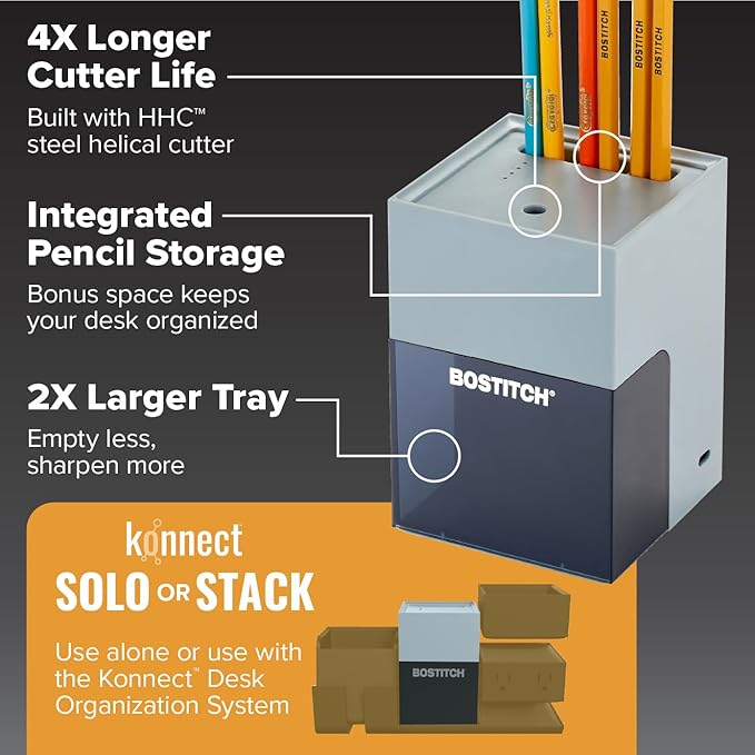 Bostitch Konnect Rechargeable Pencil Sharpener (USB-C), Auto-Stop Helical Cutter, Portable Electric Sharpener for No.2/Colored Pencils, Home, Office, Classroom, Gray