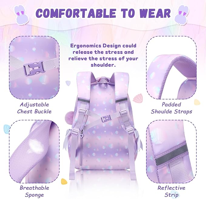 Kids Backpack for Girls - School Bags for Middle School Students - Book Bag for Elementary Primary - Kawaii Ita Backpack - Purple Shell