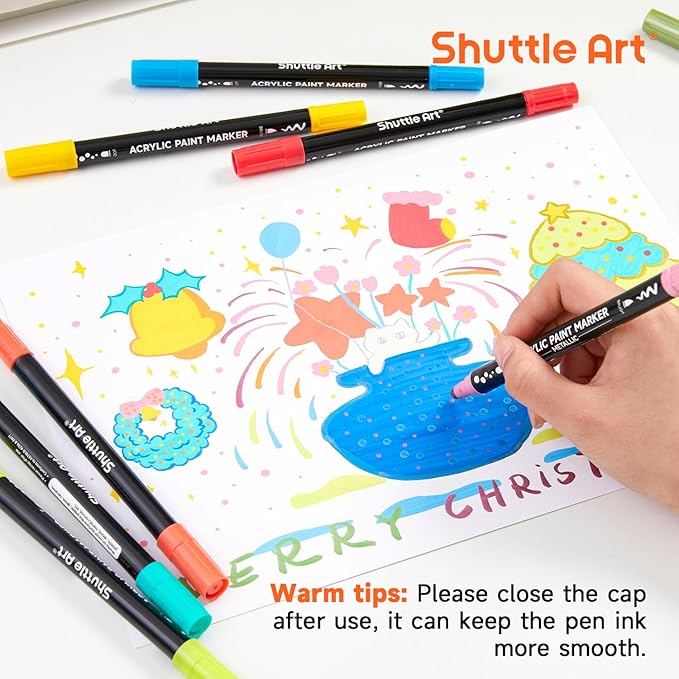 Shuttle Art 28 Colors Dual Tip Acrylic Paint Markers, Brush Tip and Dot Tip Acrylic Paint Pens for Rock, Ceramic, Wood, Canvas, Plastic, Glass, Stone, Calligraphy, Card Making, Crafts & Nail Art