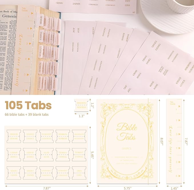 Laminated Bible Tabs, Gold Foil Embossed Lettering Bible Chapter Index Tabs for Women Men, Reposition Large Print Sticky Labels, Easy to Read and Apply, 105Chapters Labels for Easy Navigation (Creamy)