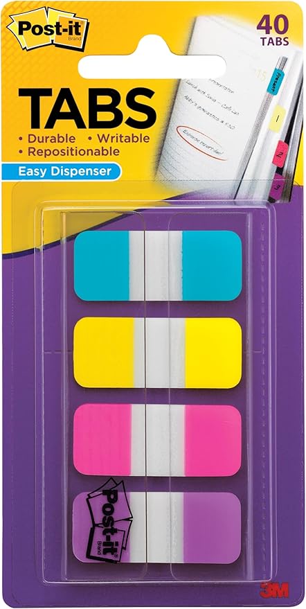 Post-it Tabs, .625 in Solid, Aqua, Yellow, Pink, Violet, 10/Color, 40/Dispenser (676-AYPV) (24 Pack)