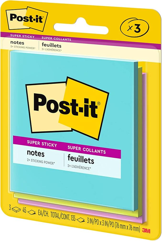Post-it Super Sticky Notes, 3 Sticky Note Pads, 3 x 3 in., School Supplies, Office Products, Sticky Notes for Vertical Surfaces, Monitors, Walls and Windows, Supernova Neons Collection