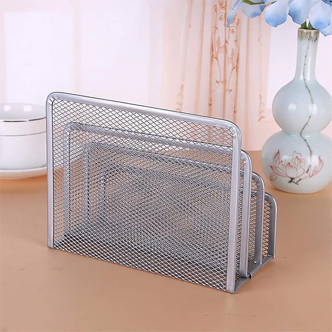 VANRA Small Letter Sorter Desktop File Holder Organizer Metal Mesh with 3 Vertical Upright Compartments (Silver)