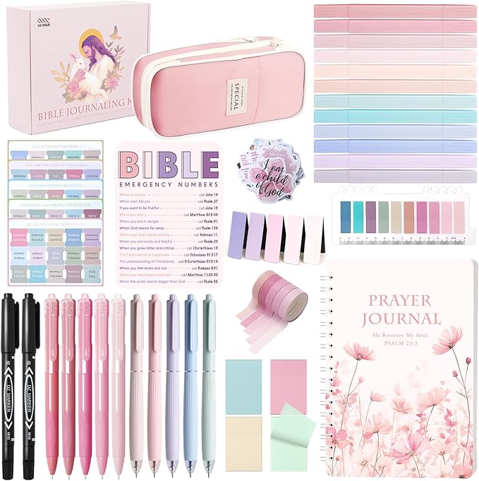 XKDOUS Bible Study Supplies Journaling Kit for Women, Bible Study Kit Journaling Supplies Includes Prayer Journal, Highlighters, Emergency Card, Pencil Case and More, Christian Gifts for Women, Pink