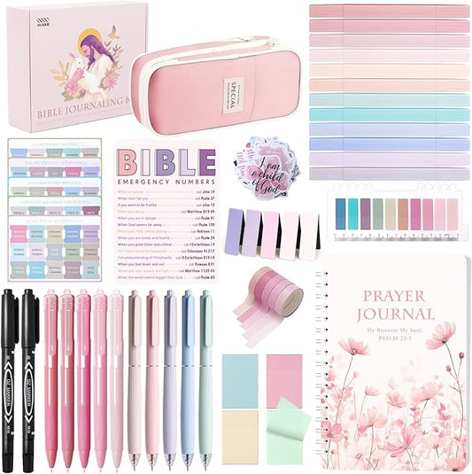 XKDOUS Bible Study Supplies Journaling Kit for Women, Bible Study Kit Journaling Supplies Includes Prayer Journal, Highlighters, Emergency Card, Pencil Case and More, Christian Gifts for Women, Pink