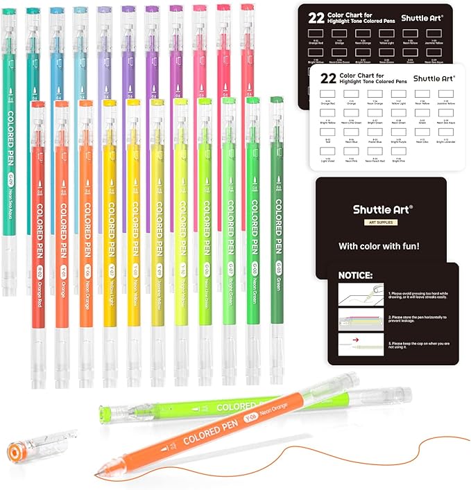 Shuttle Art Colored Pens, 22 Highlight Tone Colors Cute Journal Pens 0.6mm Fine Point Colored Gel Pens for Black Paper Adult Coloring Writing Drawing Journaling Note Taking School Office Home
