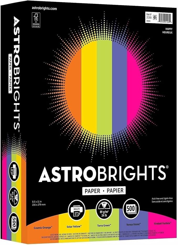 Neenah Astrobrights(R) Bright Color Paper, 8 1/2in. x 11in., 24 Lb, Assorted Colors, Ream Of 500 Sheets, 21289