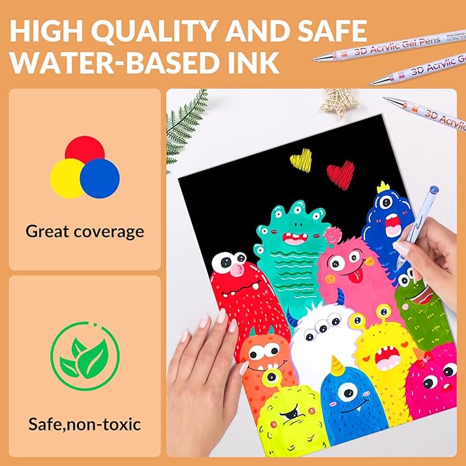 3D Acrylic Gel Pen,12 Colors Gel Pens With 1mm Bullet Tip Point, Acrylic Paint Pens for Black Paper,Rock Painting, Glass, Wood, Fabric,Cards,Scrapbook,DIY Art Crafts