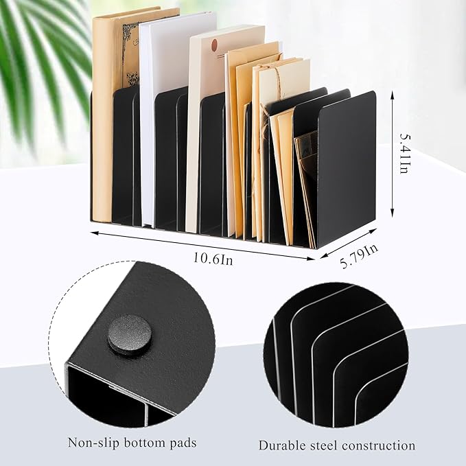 Suzile 2 Pcs Vertical Metal Desk File Organizer, 10 Compartments Desktop Document Sorter & Mail Holder for Office Home Classroom, 10.63 L X 5.79 W X 5.41 H, Black