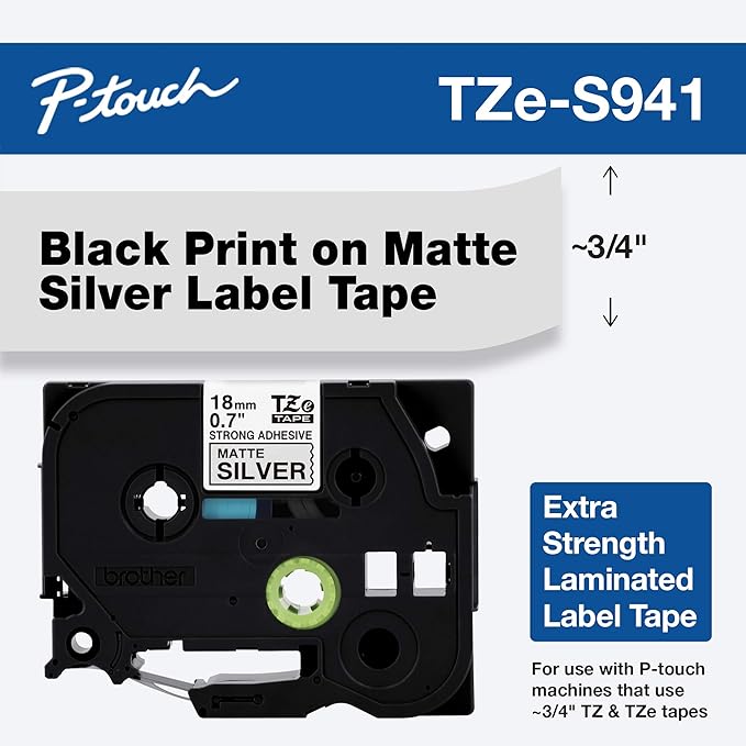 Brother Genuine P-touch TZE-S941 Tape, 3/4" (0.7") Wide Extra-Strength Adhesive Laminated Tape,Black on Matte Silver,Laminated for Indoor or Outdoor,Water-Resistant,0.7" x 26.2' (18mm x 8M), TZES941