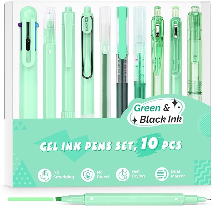 Gel Pens, 10 Pcs Pastel Green for Journaling, Cute 0.5mm Fine Point Retractable, Aesthetic Writing With Highlighter, Multicolor Ballpoint for School, Office Supplies, Bible Set