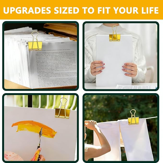 Gold Binder Clips Paper Clamps, Assorted Sizes Set (Large-20, Small-12, Medium-10,) 42 pcs Clips for Office School and Home Supplies, The Perfect Match for Those who Love The Golden Style
