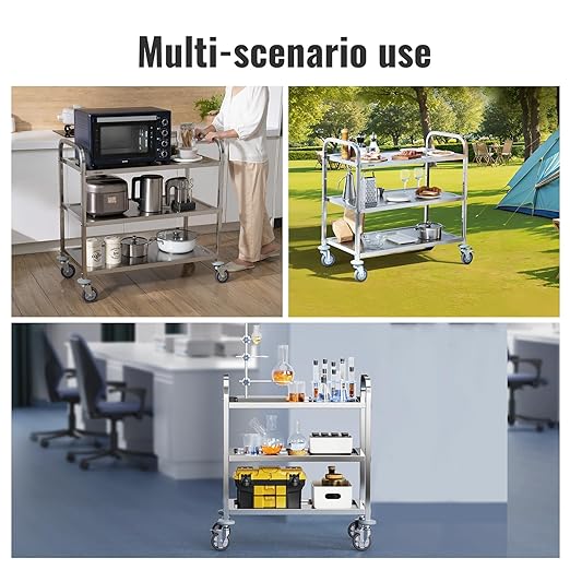 VEVOR Stainless Steel Cart, 3 Layers Lab Utility Cart 400 lbs Weight Capacity, Medical Cart with Lockable Universal Wheels, for Lab, Clinic, Kitchen, Salon