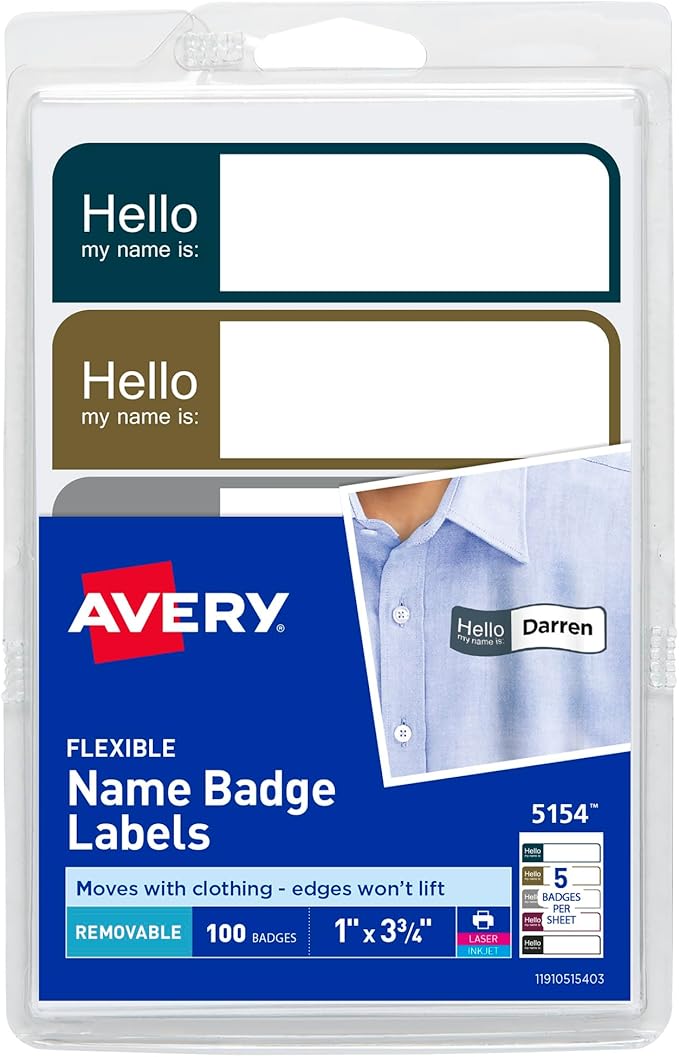 Avery Flexible Printable Name Tags, 1" x 3.75", Assorted Colors, 100 Removable Name Badges (05154)