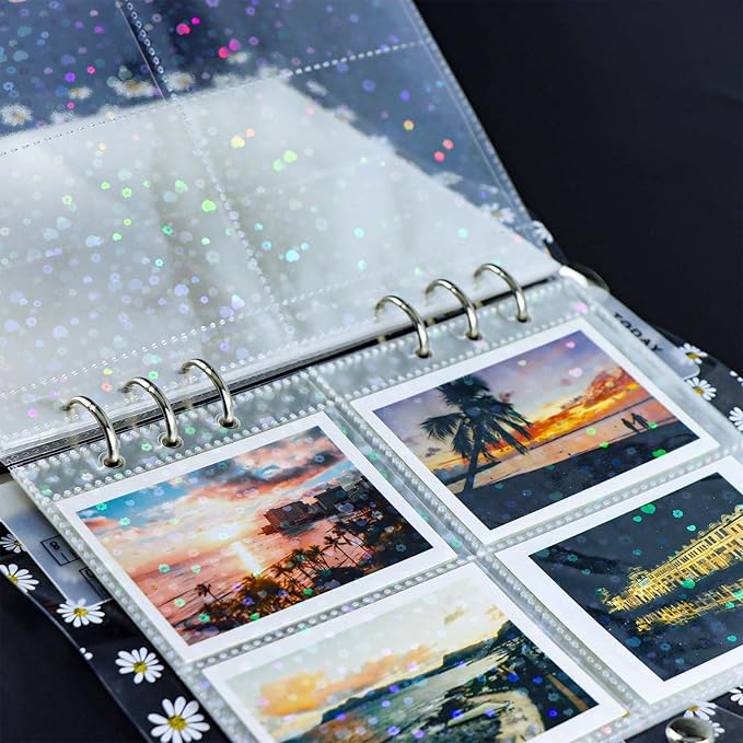 A5 Photocard Sleeves 20pcs Sheet Protectors 2.5'' x 3.7'' 4 Pocket Picture Card Insets Flower Flashing Clear PP Photo Album Refill Pages for 6 Ring Binder (Flower Flashing, A5-4Pocket)