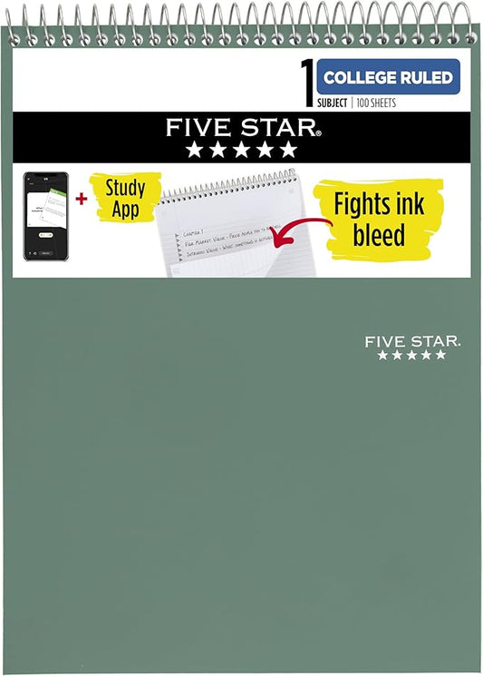 Five Star Top Spiral Notebook + Study App, 1 Subject, College Ruled Notepad, 8-1/2" x 11", 100 Sheets, Fights Ink Bleed, Water Resistant Cover, Seaglass Green (820058C-ECM)