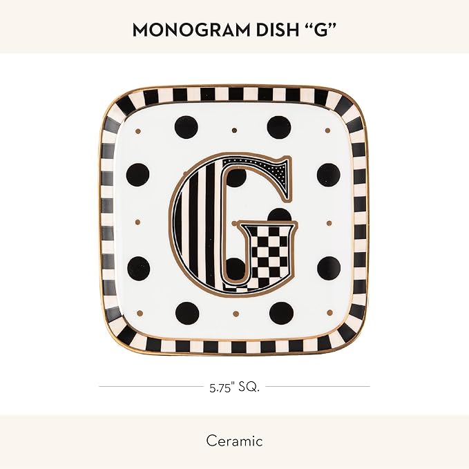 MACKENZIE-CHILDS Monogram Dish, Decorative Ceramic Letter Plate, 5 3/4" Square, G